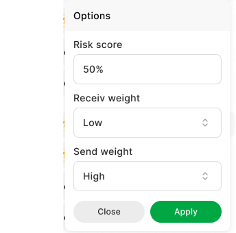 Окно Options: риск-скор категории, входящий и исходящий вес